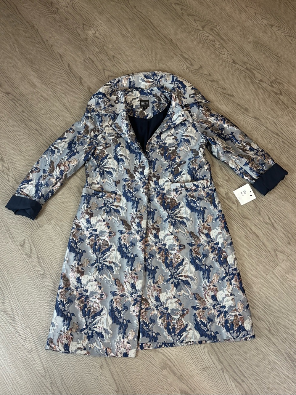 Floral Jacquard Pea Coat in Blue Multi